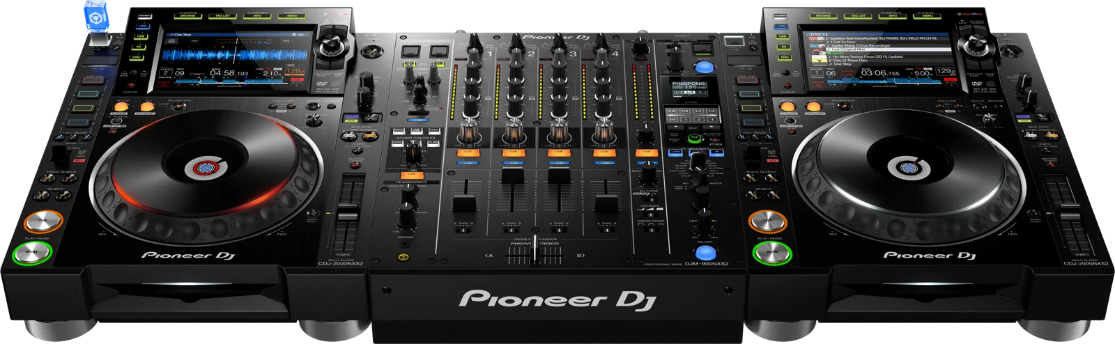 Two Pioneer CDJ-2000NXS2 players with a DJM-900NXS2 mixer