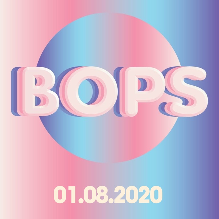 Grafica della festa in casa BOPS del 1° agosto 2020, un logo BOPS pastello